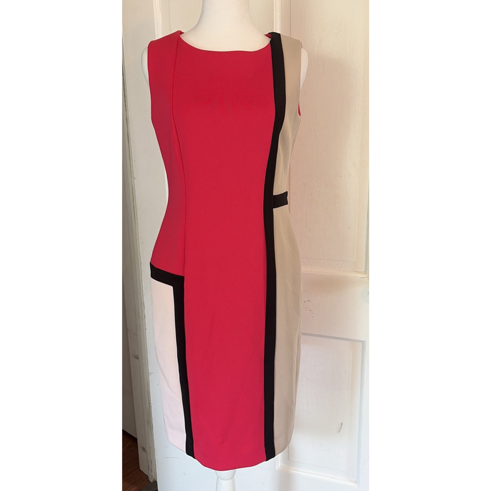 Calvin Klein Color Block Scuba Knit Dress 6 Pink Black Office Siren Sleeveless